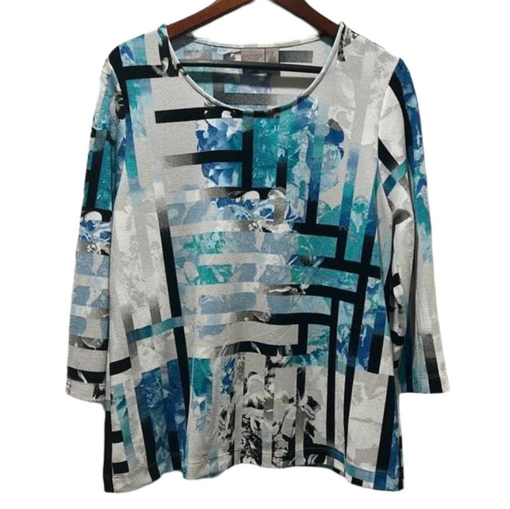 Easywear by Chico’s abstract design blue blouse size 2 GUC..